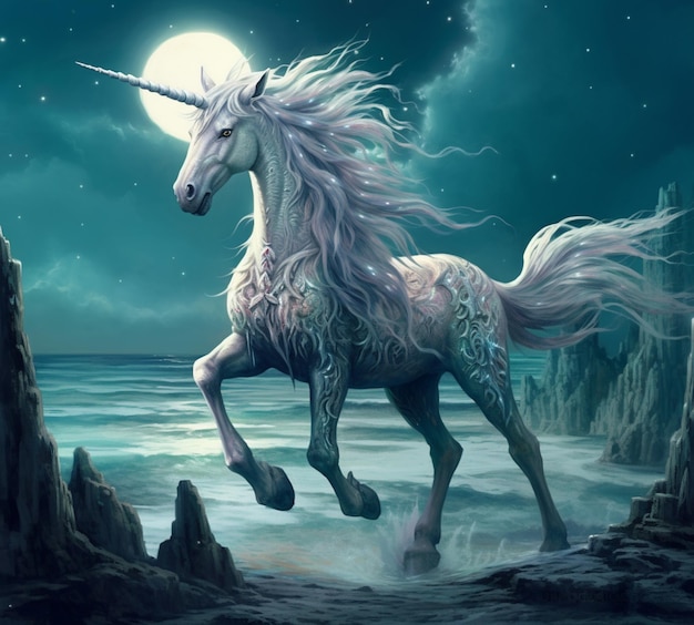 Unicorn on the beach at night with full moon and stars generative ai