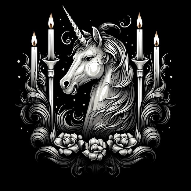 unicorn and candles head tshirt tattoo design dark art illustration isolated on black background