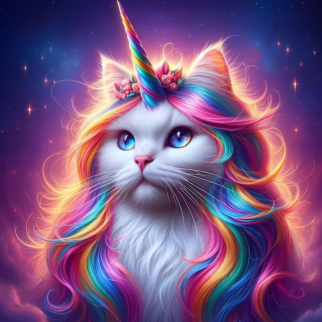 Photo unicorn cat with rainbow hair and rainbow horn