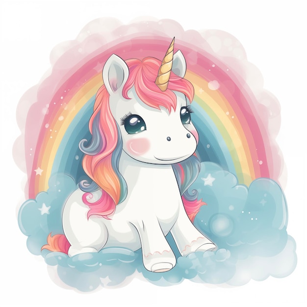 Unicorn on the clouds on the background of the rainbow