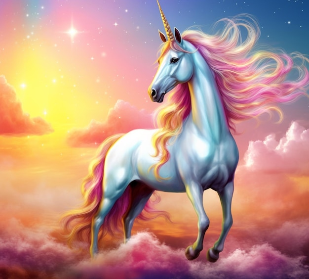 Unicorn in the clouds with a star in the sky generative ai