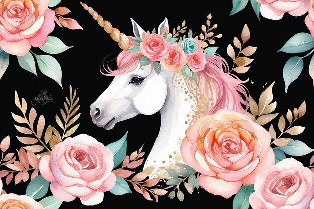 Photo unicorn crown watercolor rose gold flowers and leaves