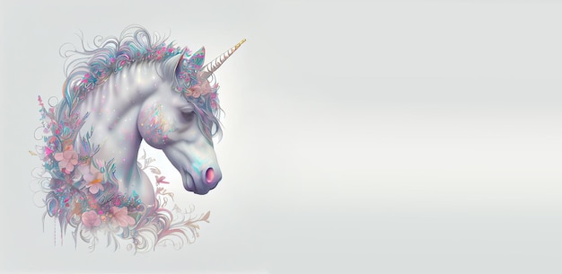 Unicorn fairy tale creature with pastel colored flowers fantasy portrait generative AI