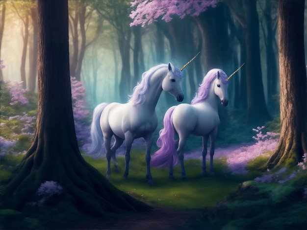 Unicorn in fairy tale forest Generative AI Illustration