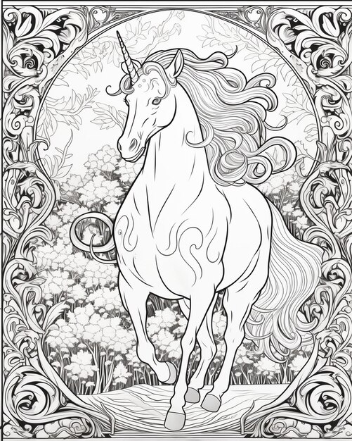 Unicorn in Forest Coloring Page