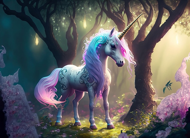 A unicorn in the forest with a blue and pink tail