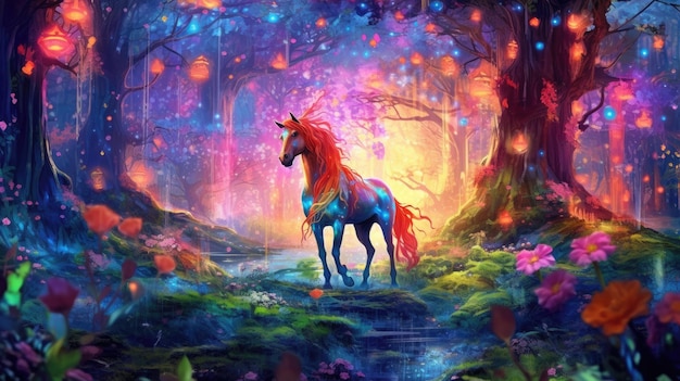 A unicorn in a forest with a fairy tale