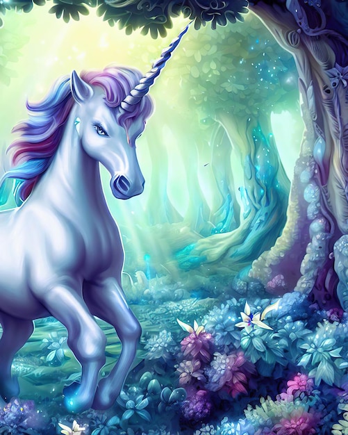 A unicorn in a forest with a rainbow mane