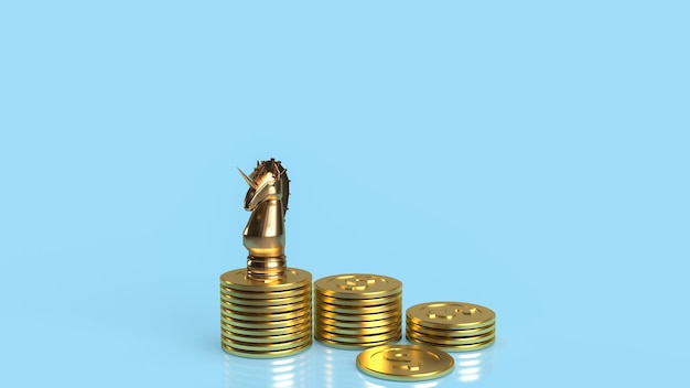 The unicorn and gold coins for start up or business concept 3d rendering