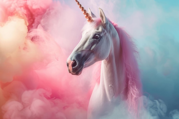 A unicorn is flying through the sky with pink clouds The unicorn is white and has a pink mane