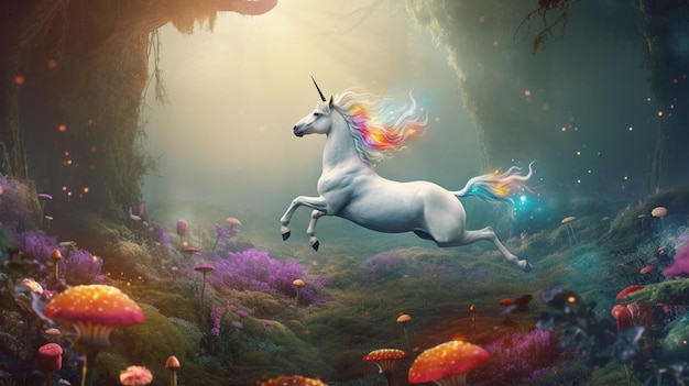 A unicorn is running through a forest with mushrooms on the bottom.