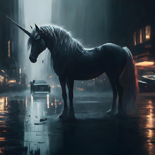 a unicorn is standing in a puddle with a car in the background