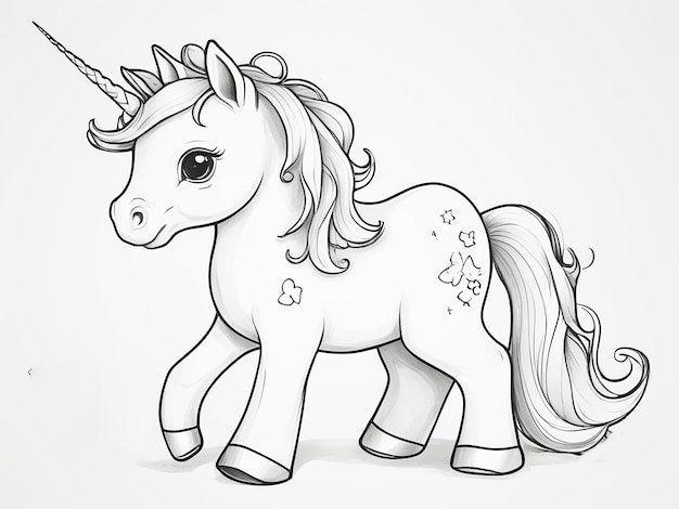 Photo unicorn line art outline on white background coloring page for kids and adults