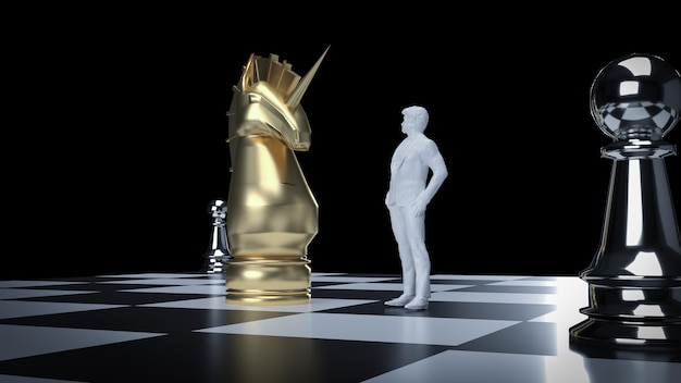 The unicorn and man figure on chess board for business concept 3d rendering