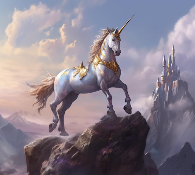 Unicorn on a mountain with castle in the background generative ai