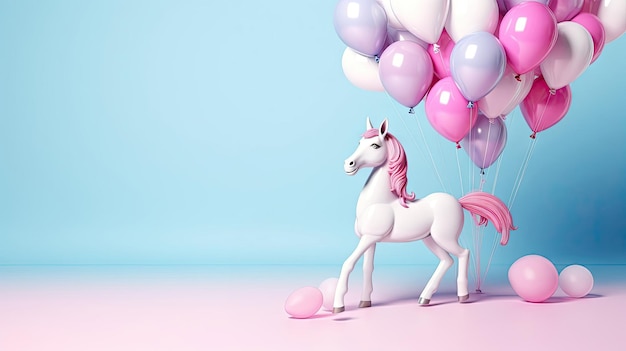 Unicorn and pink balloons on blue background