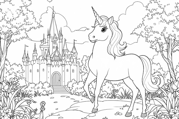 Photo unicorn at the princess castle black outline coloring vector