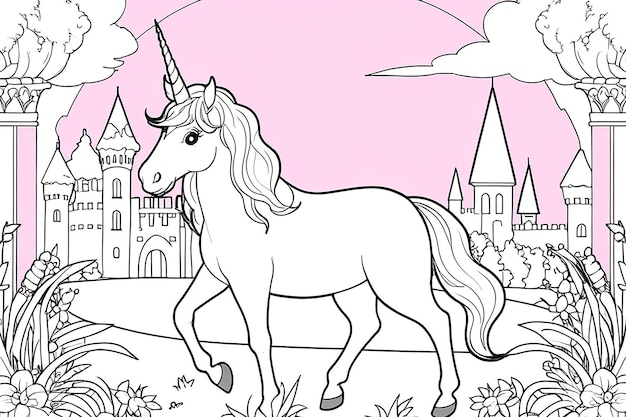 Photo unicorn at the princess castle black outline coloring vector