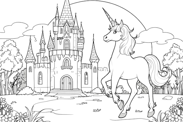 Photo unicorn at the princess castle black outline coloring vector