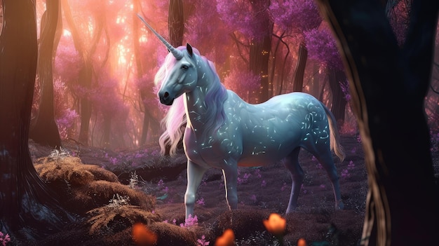 A unicorn in a purple forest with a purple background.