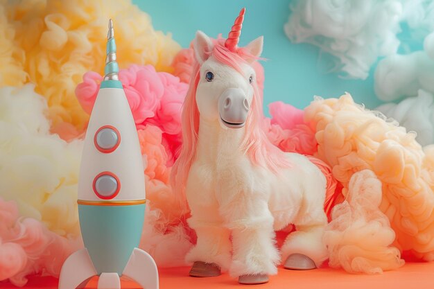 Photo unicorn and rocket race in a dreamy sky