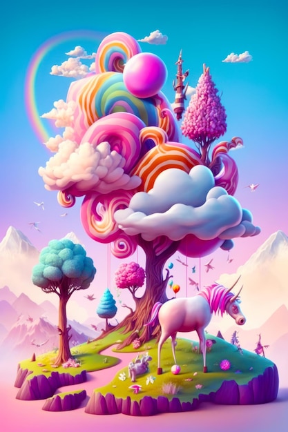 Unicorn standing in front of tree with rainbow in the sky Generative AI