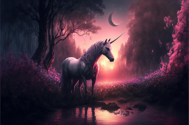 A unicorn stands in a forest at sunset.