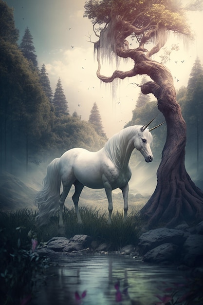 A unicorn stands in a forest with a tree in the background.