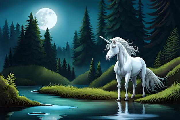 A unicorn stands on a river bank in a forest at night.