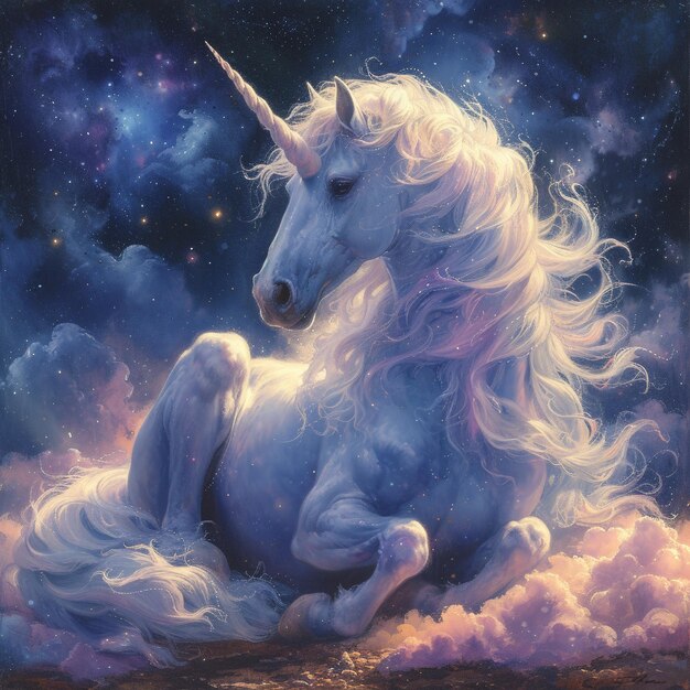 Unicorn in the starry sky Fantasy digital painting