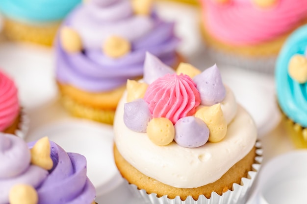 Unicorn theme vanilla cupcakes for kids birthday party.