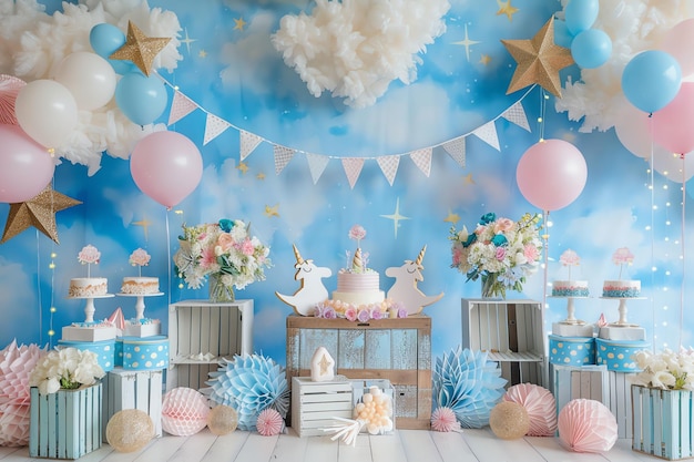 unicorn theme with wooden box and lights birthday background