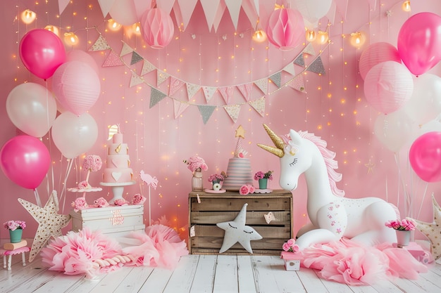 unicorn theme with wooden box and lights birthday background