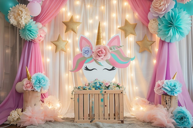 unicorn theme with wooden box and lights birthday background