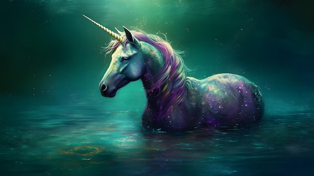 A unicorn in the water with a rainbow mane