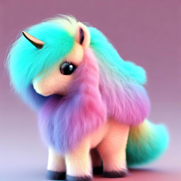 A unicorn with a blue and purple mane is sitting on a purple background.