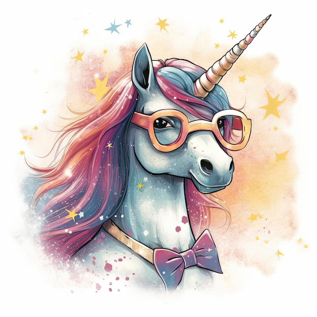 A unicorn with a bow tie and glasses on