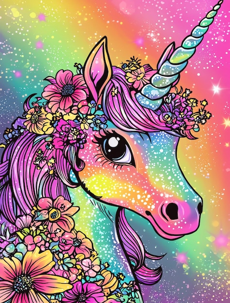 a unicorn with a colorful mane and horns is painted with flowers and stars