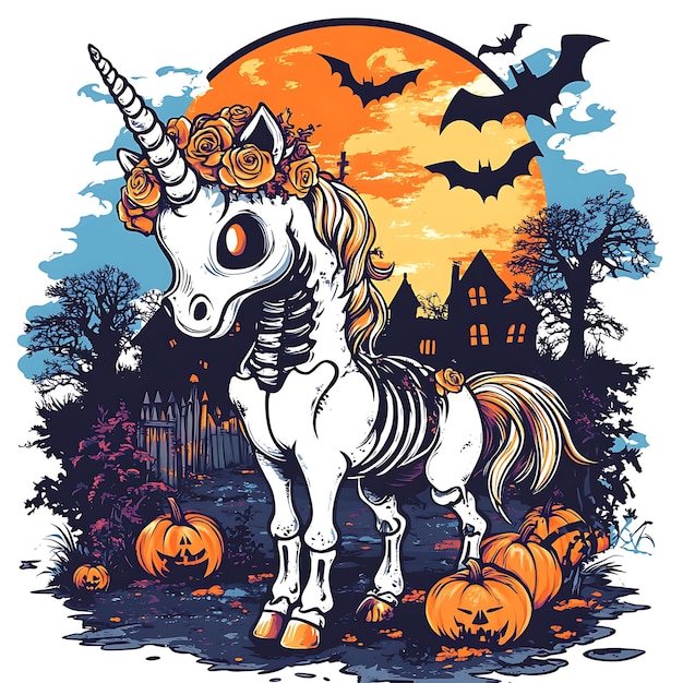 a unicorn with a crown on its head is shown in an art style Halloween Theme