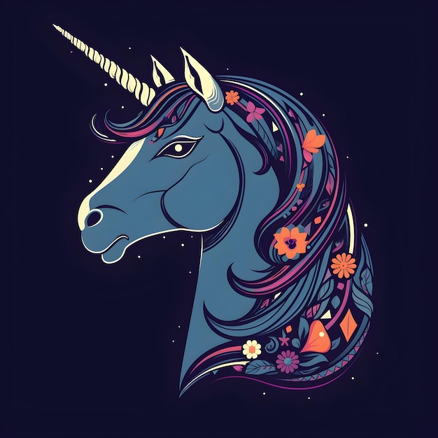 A unicorn with a floral pattern on its head is shown.