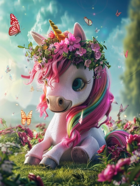 Unicorn with flower crown in field