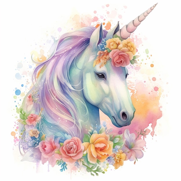 Unicorn with flowers and a horn on its head generative ai