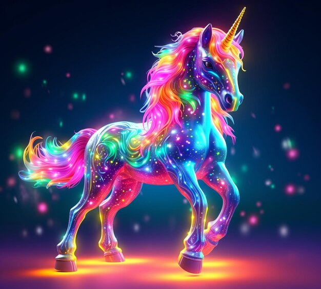 Unicorn with glowing mane and colorful mane standing in the dark generative ai