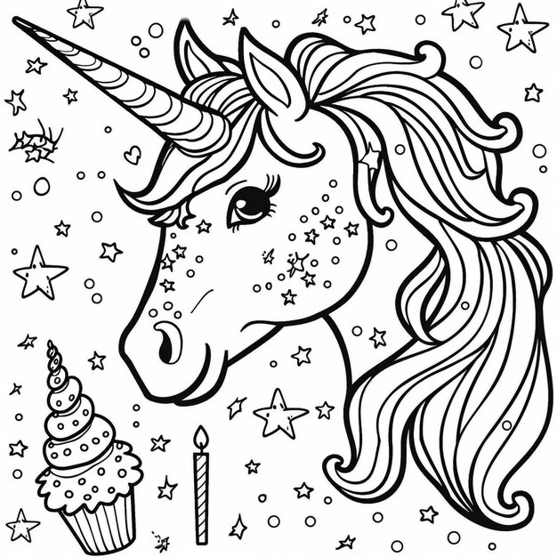 Photo a unicorn with a horn and a cupcake with stars on it