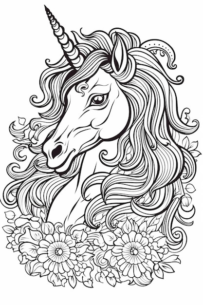 a unicorn with long hair and a horn on its head generative ai