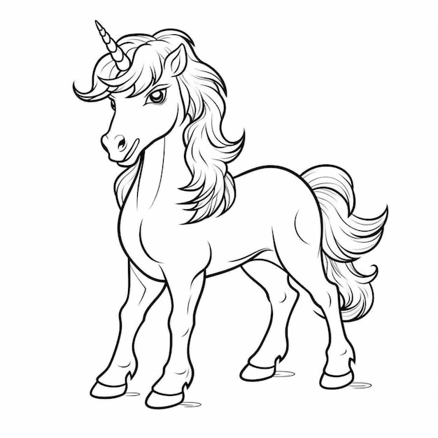 A unicorn with a long mane and a long tail is standing on a white background.