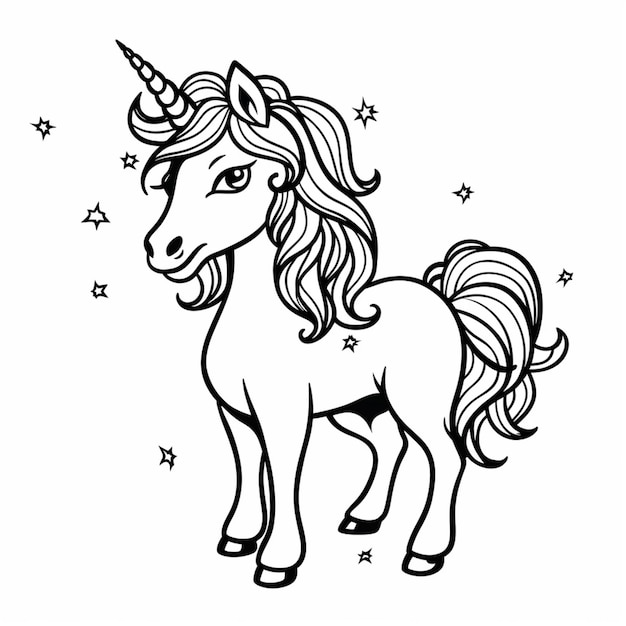 A unicorn with a long mane and tail with stars on it.