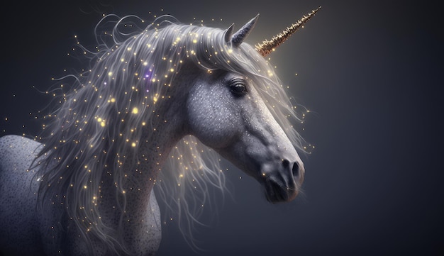 A unicorn with a magical tail and a blue background.