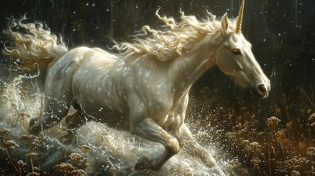 a unicorn with a mane of hair is running through water