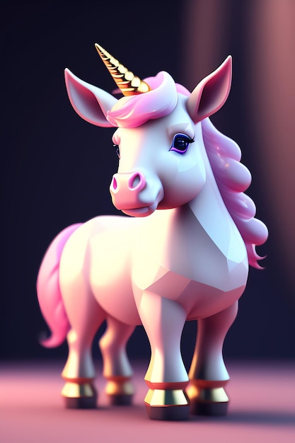 A unicorn with a pink horn and blue eyes stands in front of a dark background.